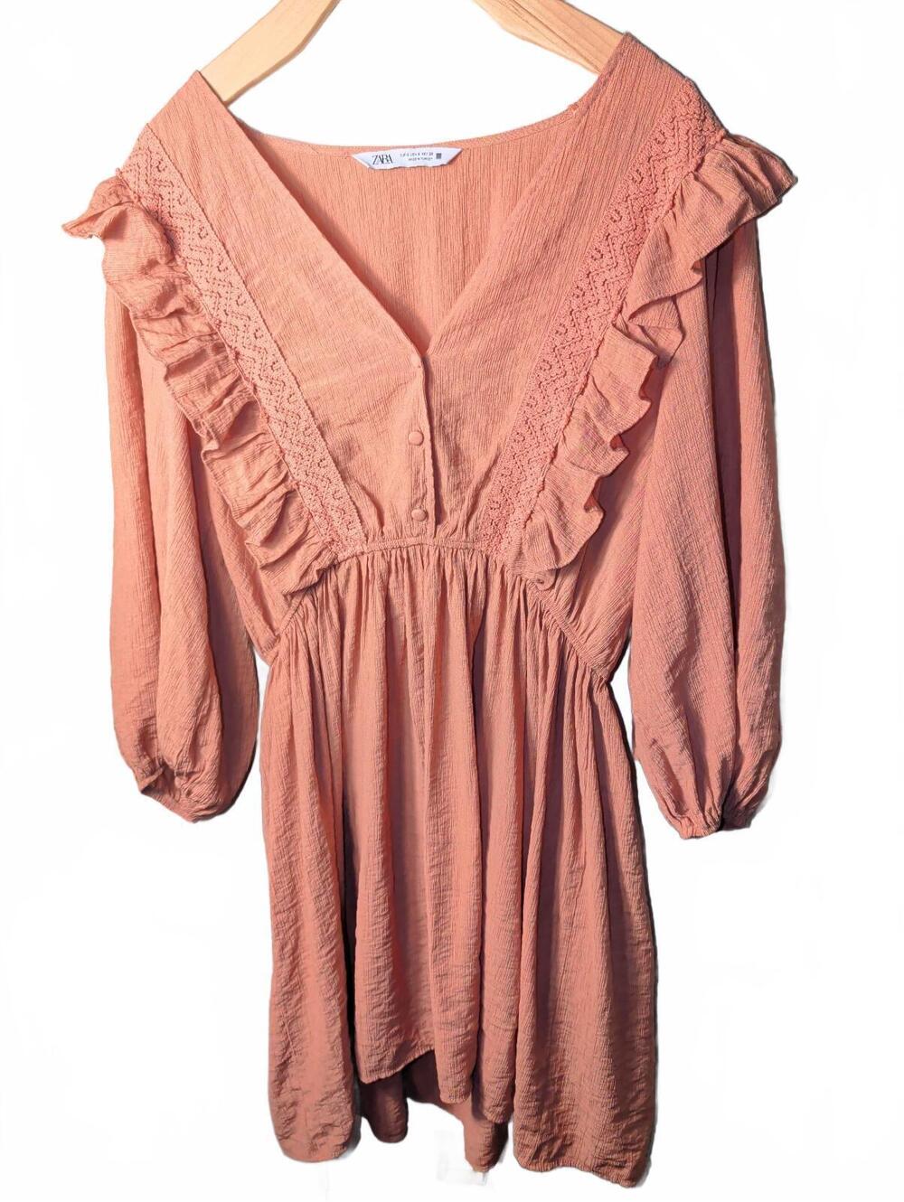 ZARA Mini Dress Womens Size Small Coral Ruffle Fall Western Cottage Coquette
